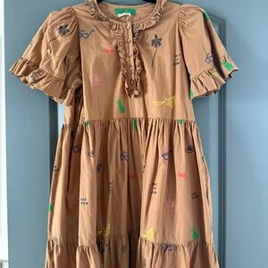 Clare V Brown Midi Dress with Colorful accents. Sz m